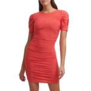 Guess Dress NWT Ruched Bodycon Short Sleeve Mini Puff Sleeve Red Women's Large